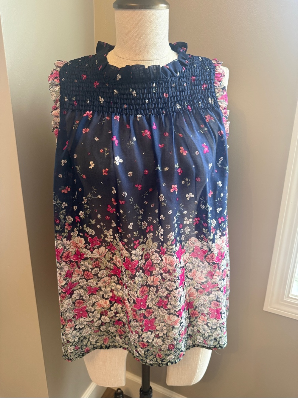 Maurice’s Navy Floral Smocked Sleeveless Dress with Pink and White Flowers